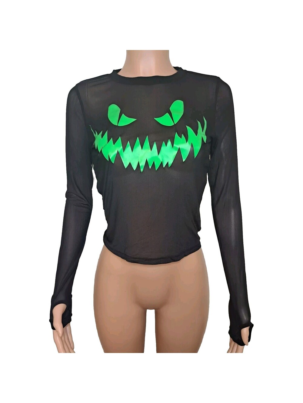 Dolls Kill Neon Green Black Halloween Mesh Size L Thumb Hole Shirt Clubwear Rave